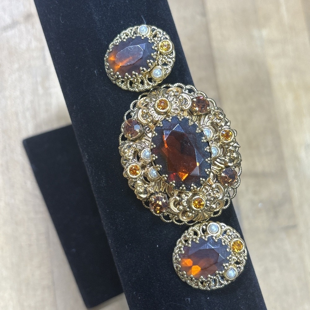 Vintage West Germany Brooch Earrings Set Amber Glass Rhinestone Pearl Filigree